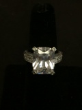 Large 14x11mm Cushion Faceted Zircon w/ Milgrain & Zircon Accented Vintage Sterling Silver Ring