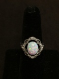 Oval 10x8mm Opal Cabochon Center Zircon Accented Sterling Silver Ring Band-Size 6.5