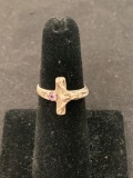 Round Faceted Amethyst Had-Carved Horizontal Designed Crucifixion Themed Sterling Silver Ring