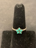 Oval Turquoise Accented Floral Themed Petite Sterling Silver Ring Band-Size 7