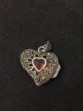 Heart Faceted 6mm Garnet Center Marcasite Accented Vintage Thai Made Sterling Silver Heart Locket