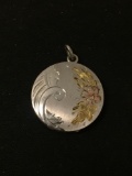 Two-Tone Engraved Brushed & High Polished Finished Round 20mm Locket Sterling Silver Pendant