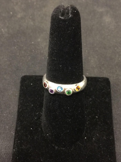 Round Faceted Five Multi-Colored Bezel Set Gemstone 5.0mm Wide Sterling Silver Constellation Ring