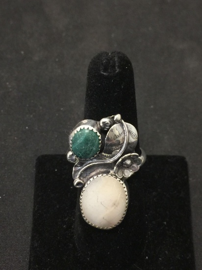Oval Malachite & Mother of Pearl 37mm Wide Old Pawn Native American Style Sterling Silver Ring