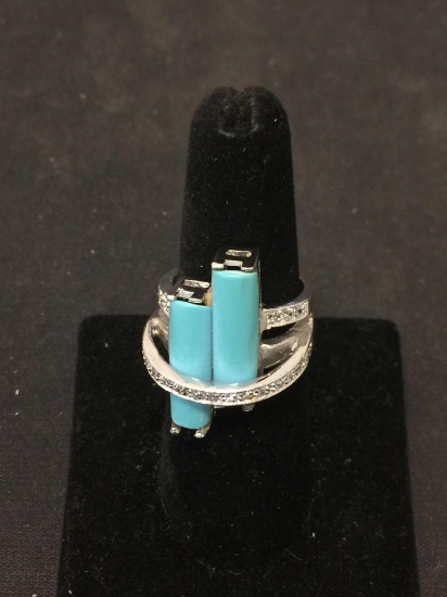 Modern Style Featuring Twin Barrell Turquoise Cabochon w/ Zircon Ribbon Accents 25mm Wide Sterling