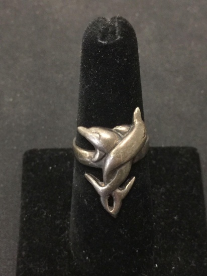 Intertwined Twin Dolphin Themed 27mm Wide Sterling Silver Ring Band-Size 7