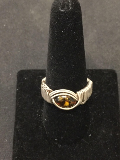 Unique Handmade Sterling Silver Wire Wrapped 10mm Wide Ring Band w/ Oval Amber Cabochon - Size 10