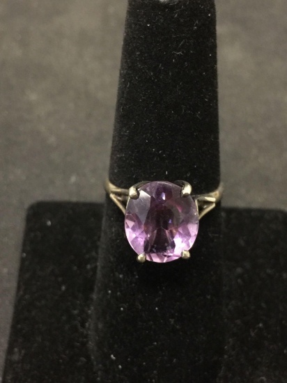 Oval Faceted 12x10mm Amethyst Tulip Design Sterling Silver Solitaire Ring Band-Size 7
