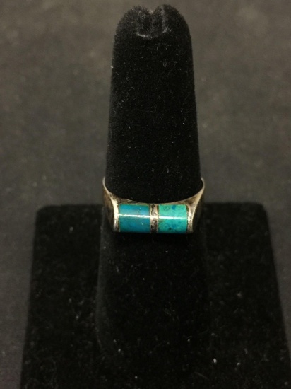 Twin Barrell Turquoise Cabochon Inlaid 5.0mm Wide Tapered Sterling Silver Ring Band-Size 7.5