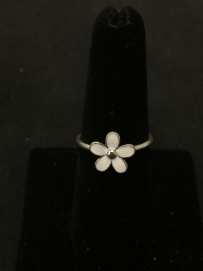 Petite ALE Designed White Enameled Flower Blossom Sterling Silver Ring Band-Size 7