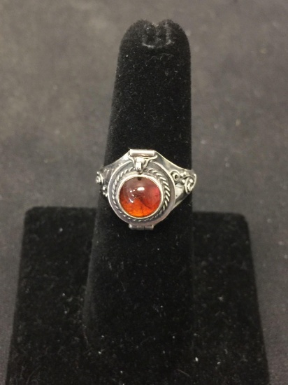Round 7.0mm Amber Cabochon Vintage Design Sterling Silver Opening Poison Ring Band-Size 6.5
