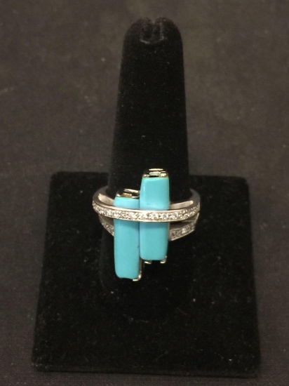 Modern Style Featuring Twin Barrell Turquoise Cabochon w/ Zircon Ribbon Accents 25mm Wide Sterling