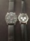 Lot of Two Generic Made Round Bezel Chronograph Stainless Steel Watches w/ Leather Straps