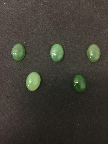 Lot of Five Polished Oval 14x10mm Green Jade Loose Cabochon Gemstones - Approximate 28 Ctw