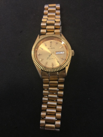 Elgin Designed Round 36mm Gold-Tone Bezel Stainless Steel Watch w/ Bracelet