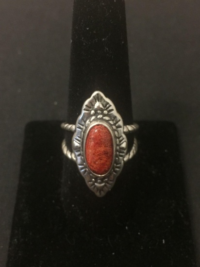 Floral Engraved Split Shank Sterling Silver Ring Band w/ Oval 13x6mm Red Coral Center- Size 9