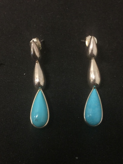 Teardrop 18x7mm Turquoise Cabochon Pair of 2" Long Three Tier Sterling Silver Drop Chain