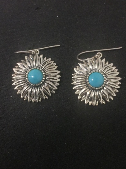 Sunflower Motif Round 23mm Pair of Sterling Silver Earrings w/ Round Turquoise Cabochon Center