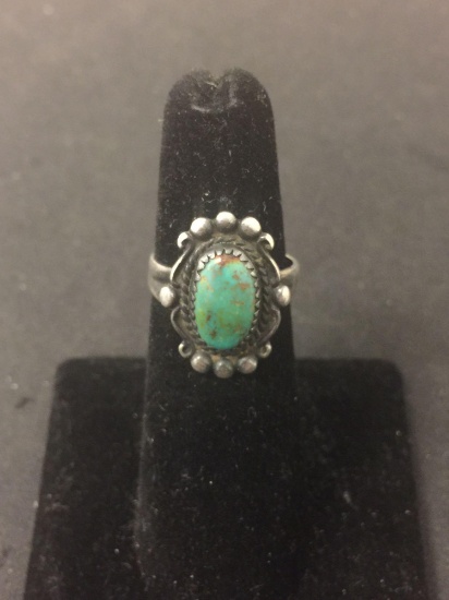 Oval Turquoise Cabochon Center 20mm Long Vintage Styled Sterling Silver Ring Band-Size 5