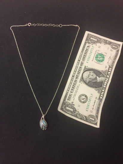Oval Larimar Cabochon Accented 1" Long Sterling Silver Overlaid Pendant w/ 18" Cable Chain