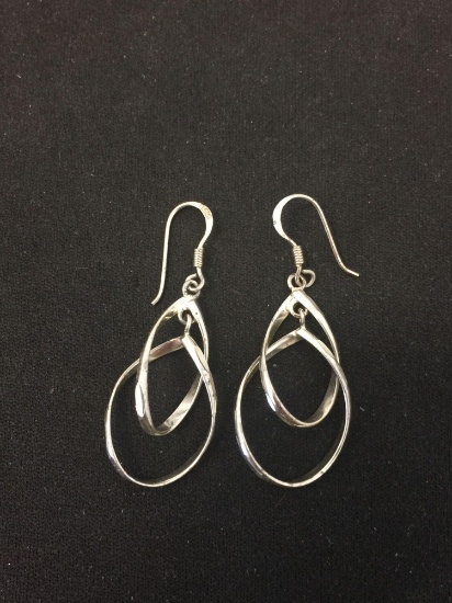 Diamond Cut Double Loop 2" Long Spiral Design Pair of Sterling Silver Earrings