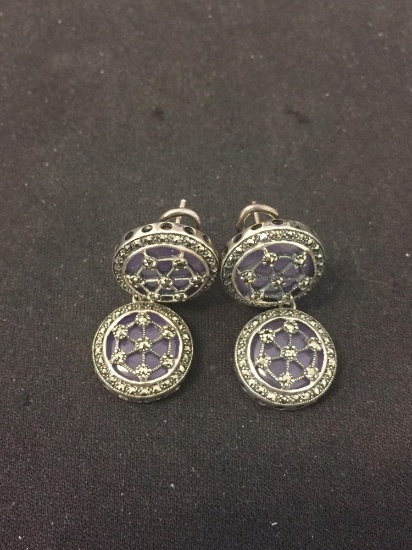 Two-Tier Lavender Jade & Marcasite Accented 1.5" Long Pair of Sterling Silver Drop Earrings