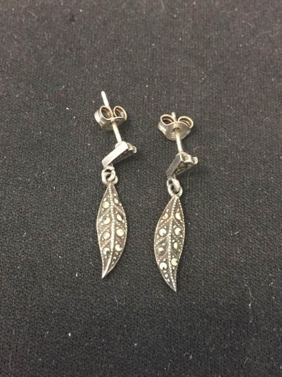 Milgrain & Marcasite Accented 1.25" Long Leaf Motif Pair of Sterling Silver Earrings