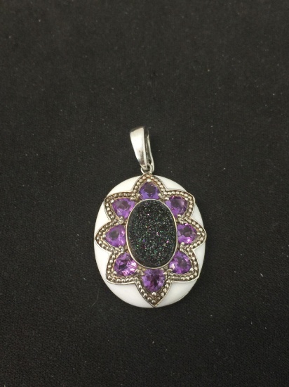 Oval Druzy Center w/ Trillion Faceted Amethyst Surround 1.5" Long Sterling Silver Pendant Enhancer