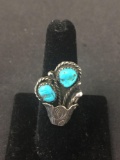 Twin Tumbled Turquoise Accented 28mm Long Tapered Old Pawn Native American Style Sterling Silver