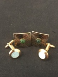 Lot of Two Gold-Tone Alloy Swank Designed Pairs of Cufflinks, One Square w/ Jade Center