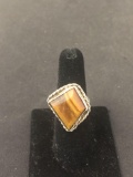 Rope Framed Diamond Shaped Tiger's Eye Center 26mm Long Sterling Silver Ring Band-Size 6