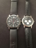 Lot of Two Generic Made Round Bezel Chronograph Stainless Steel Watches w/ Leather Straps