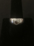 Round Faceted Zircon Heart Motif 10mm Wide Tapered Sterling Silver Ring Band-Size 9