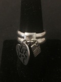 Grooved 8.0mm Sterling Silver Cigar Ring Band w/ 16mm Heart Charm - Size 8