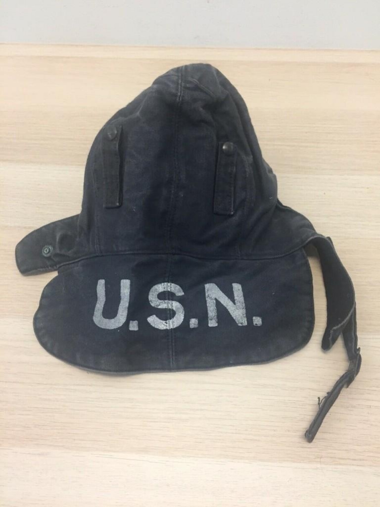 WW2 US Navy Blue Winter Deck Uniform Helmet Hat Hood w/ USN