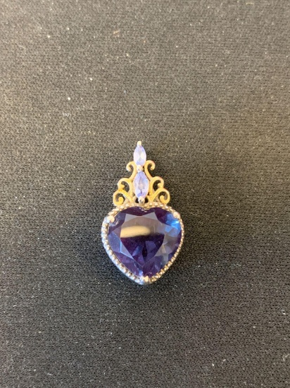 Heart Faceted 11x11mm Created Blue Sapphire w/ Marquise Amethyst Accent 24mm Long Sterling Silver