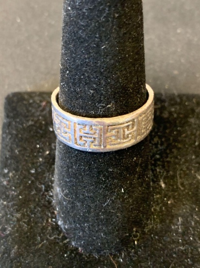Greek Key Styled 7.0mm Wide Sterling Silver Ring Band-Size 9