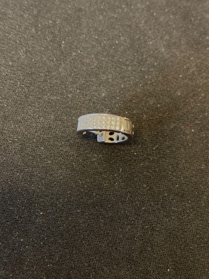 Three Rows of Round Faceted Zircon 13mm Diameter 3mm Wide Single Sterling Silver Hoop Earring