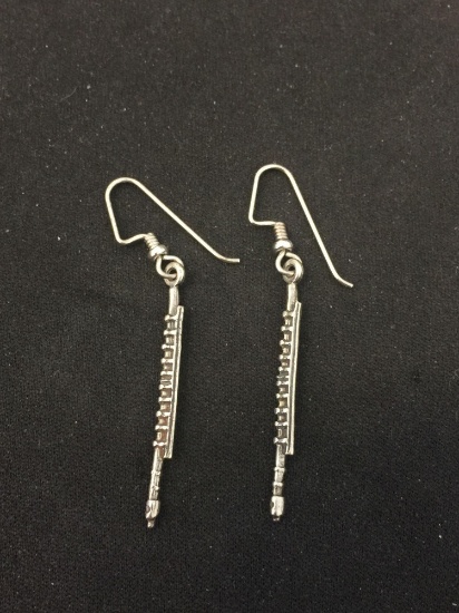 Pair of Sterling Silver Clarinet Musical Instrument Themed 2.5" Long Drop Earrings