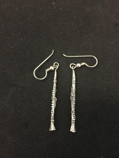 Pair of Sterling Silver Clarinet Musical Instrument Themed 2.5" Long Drop Earrings