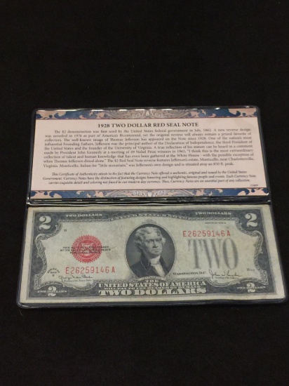 America?s Obsolete Currency Collection 1928 Two Dollar Bill Red Seal Note