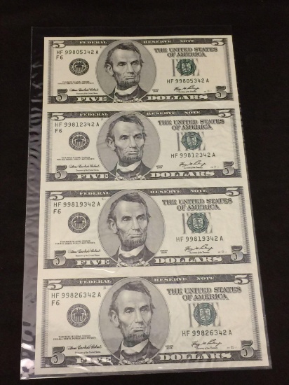 Uncut Set of 4 Series 2006 U.S. $5 Bills