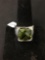 Cushion Checkerboard Faceted 13x13mm Green Diopside 16mm Wide Tapered Sterling Silver Ring Band-Size