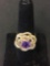 New! Gorgeous Faceted Amethyst Center w/ CZ Halo Gold Overlay Sterling Silver Ring Band-Size 7.75