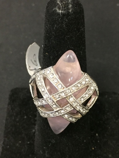 Marquise 30x12mm Rose Quartz Cabochon w/ Criss-Cross Zircon Ribbon Accents Sterling Silver Ring