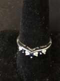 Round Faceted Alternating White & Blue Zircon Sterling Silver Chevron Ring Band-Size 9