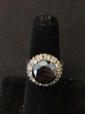 Round Faceted 12mm Hematite w/ Zircon Halo Sterling Silver Ring Band-Size 5.5