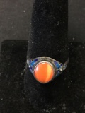 Bezel Set Oval 10x8mm Orange Cat's Eye Cabochon Vintage Enamel Accented Sterling Silver Ring