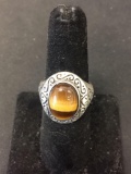 Oval 14x10mm Tiger's Eye Cabochon Filigree Decorated Sterling Silver Ring Band-Size 7