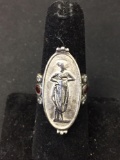 Vintage Portrait Themed 30mm Long Garnet & Zircon Accented Sterling Silver Ring Band-Size 6